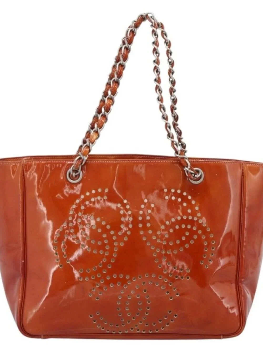 CHANEL Triple Coco Chain Tote Bag Patent leather Orange Silver CC Auth bs18659